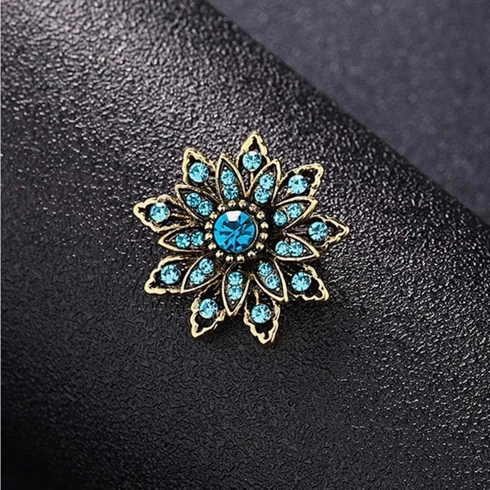 Austrian Crystal Rhinestone Fashion Brooch Pin, Blue, Aqua, Gold (STAR)